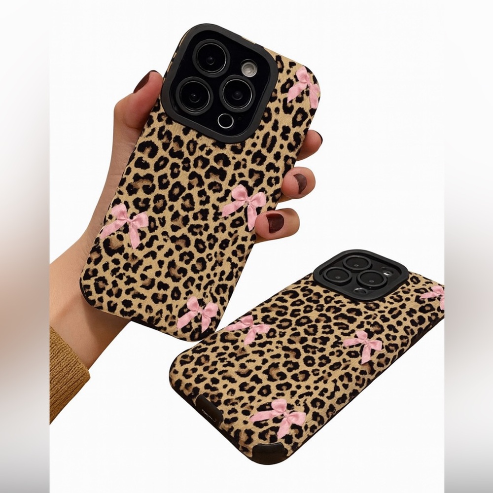 iPhone Phone Case Vertical Stripe PU Leopard Print with Pink Bows - Picture 2 of 5